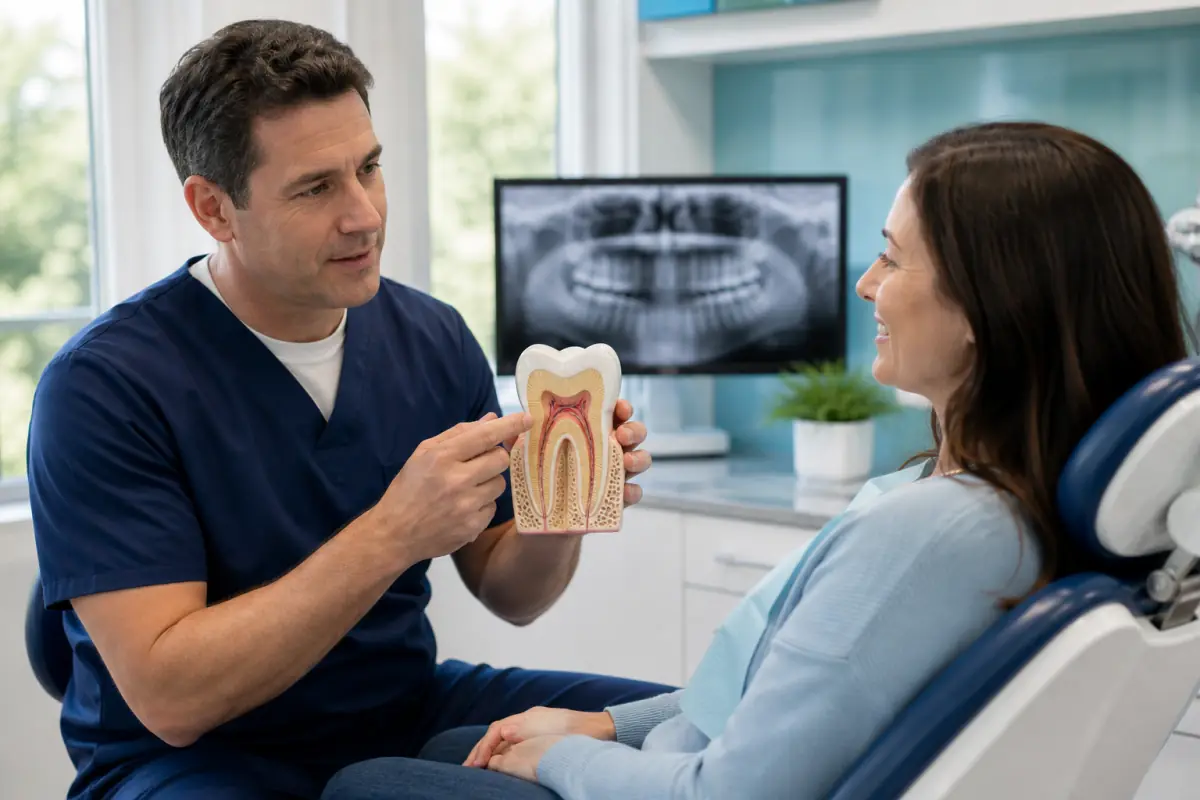 Dentist explaining root canal treatment to a Port Dover patient