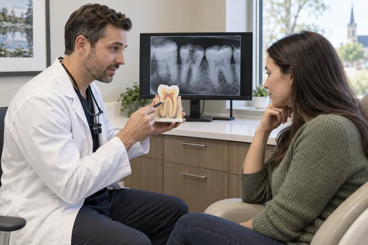 Dentist using a tooth model and X-ray to compare root canal treatment and extraction with a Simcoe patient
