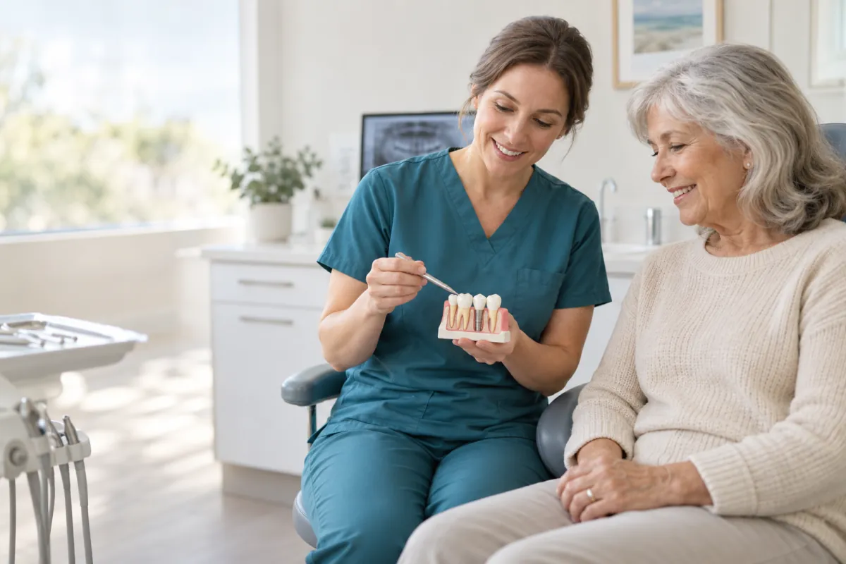 Older adult and dental hygienist discussing tooth roots using a teaching model
