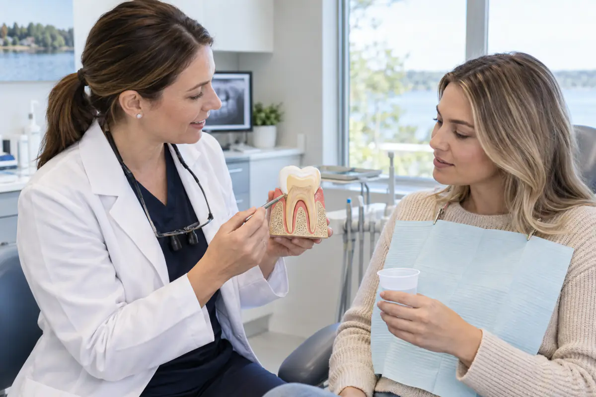 Dentist using a tooth model to explain exposed dentin and sensitive teeth to a Simcoe patient