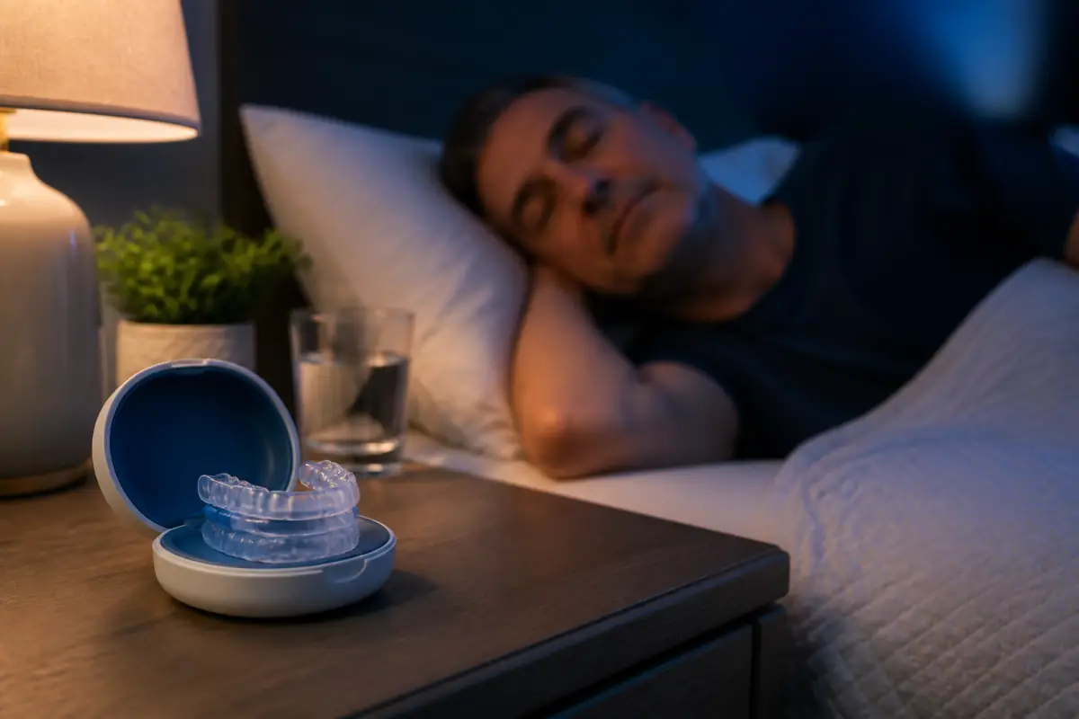 Sleep apnea oral appliance beside a resting Port Dover patient