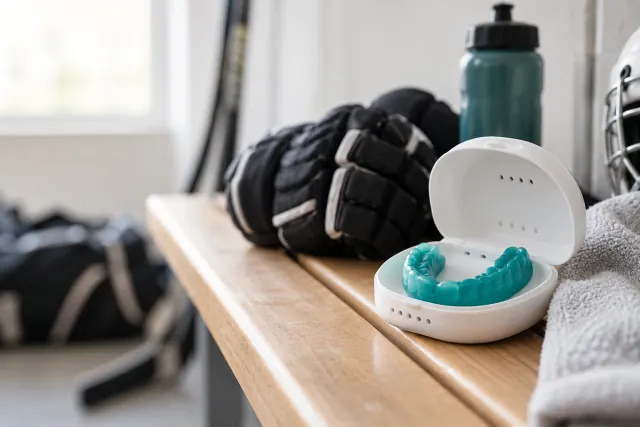 Teal sports mouthguard in a ventilated case beside hockey equipment and a water bottle