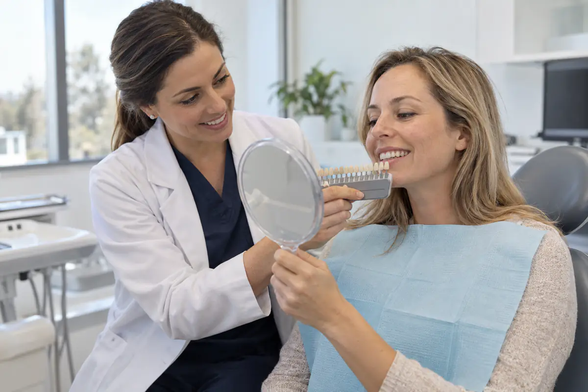 Dentist comparing a natural tooth shade guide with a Simcoe patient planning teeth whitening