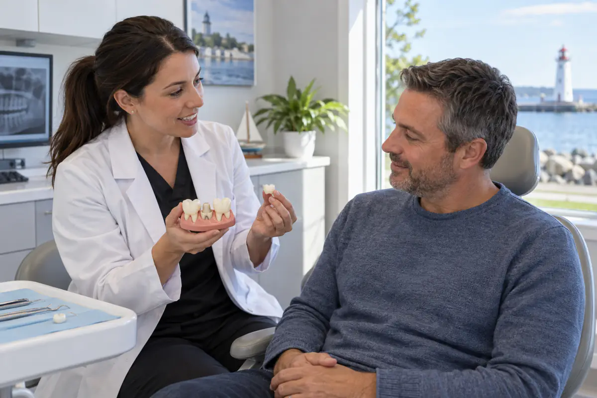 Dentist using a model to explain temporary and final dental crowns to a Port Dover patient