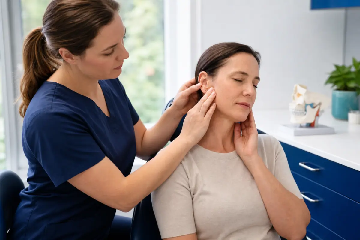 Dental clinician assessing jaw discomfort for TMJ therapy in Port Dover