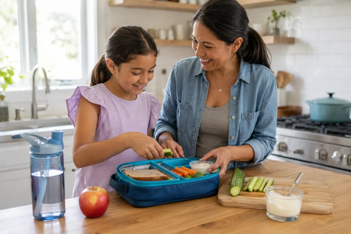 Parent and child packing a colourful tooth-friendly school lunch in Norfolk County
