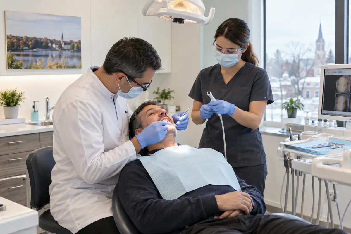 Dental team gently examining a Simcoe patient who has a toothache