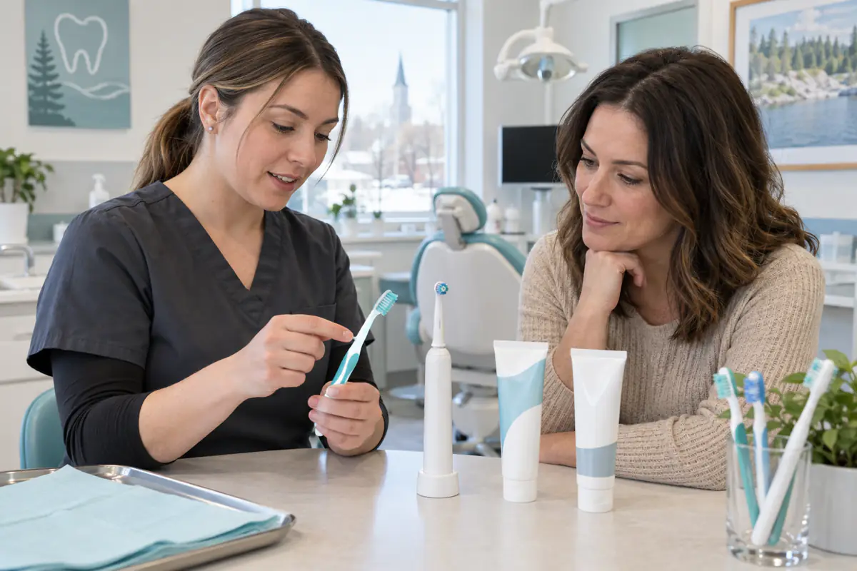 Dental hygienist helping a patient from Simcoe compare toothbrush and toothpaste options
