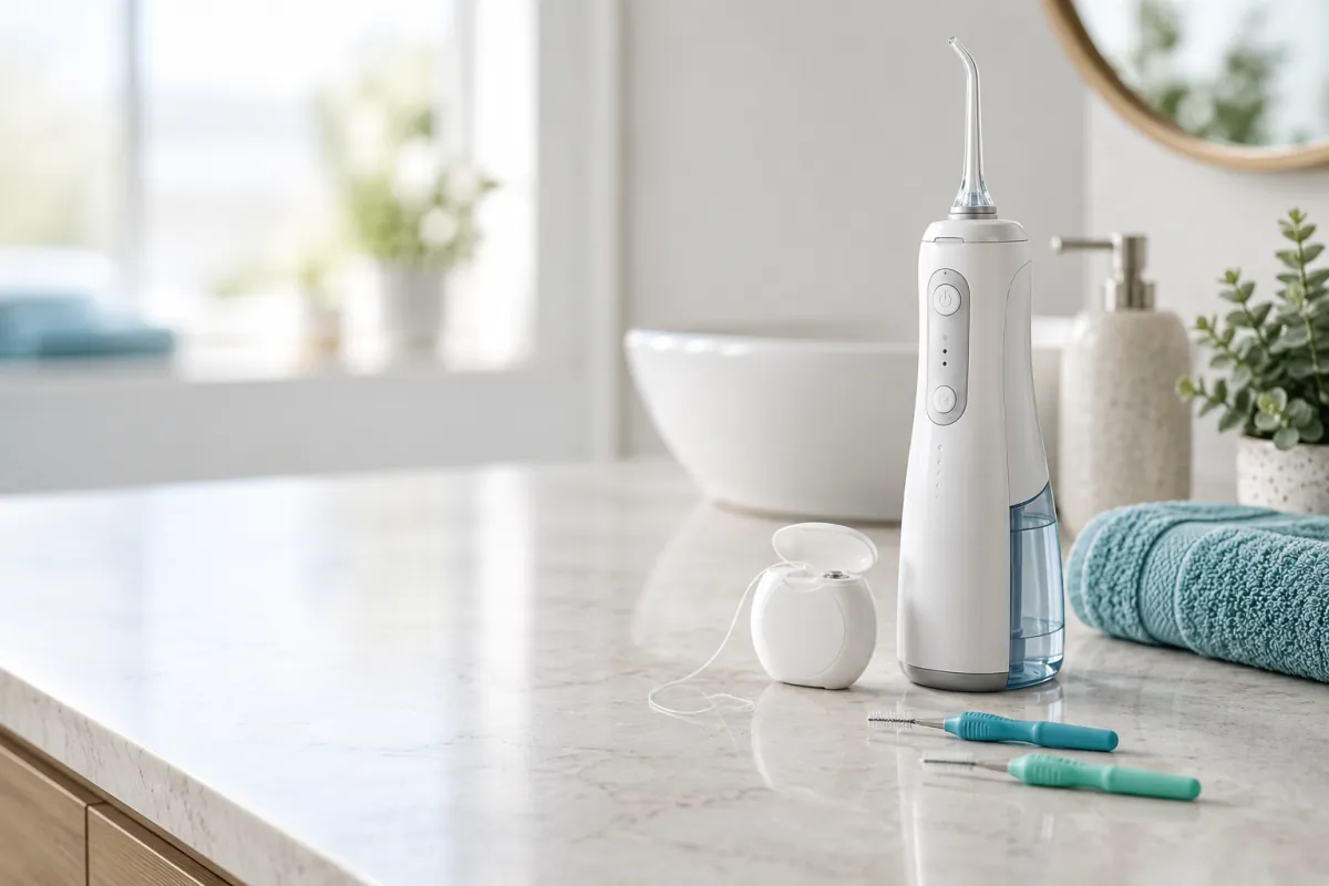 Water flosser, dental floss and interdental brushes arranged on a bathroom counter