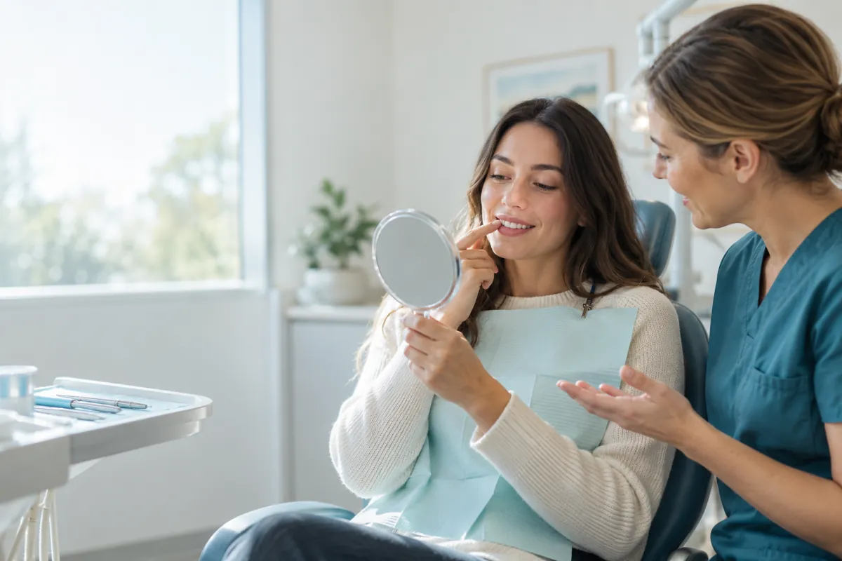 Young adult using a hand mirror while discussing tooth appearance with a dental clinician