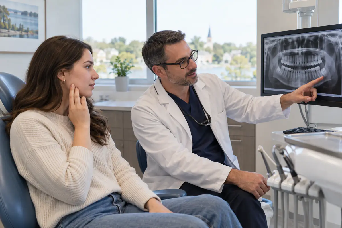 Dentist reviewing a panoramic X-ray with a young adult experiencing wisdom tooth pain in Simcoe