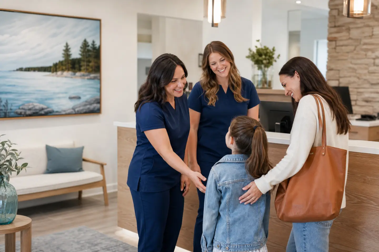 A family receiving a warm welcome from the Port Dover Family Dentistry team