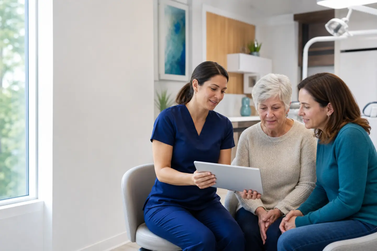 A dental care coordinator helping a senior patient and family member understand their care options