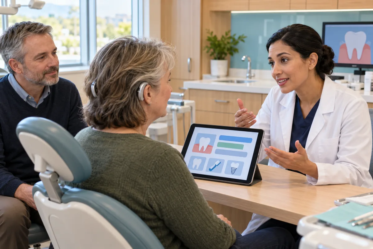 Dentist speaking directly with an adult patient using a communication tablet while a support person assists