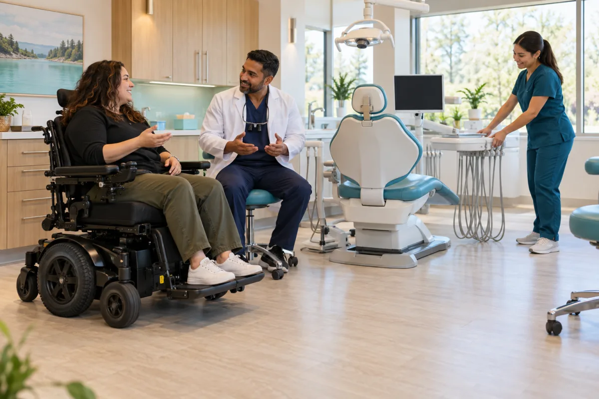 Dentist discussing positioning and room access with an adult patient who uses a wheelchair