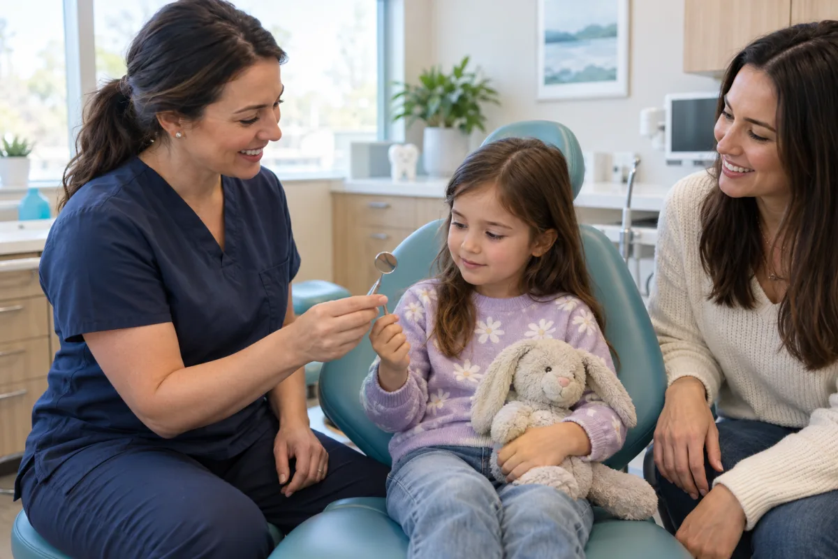 Dentist gently introducing a dental mirror to a cautious child during a familiarization visit with a parent nearby