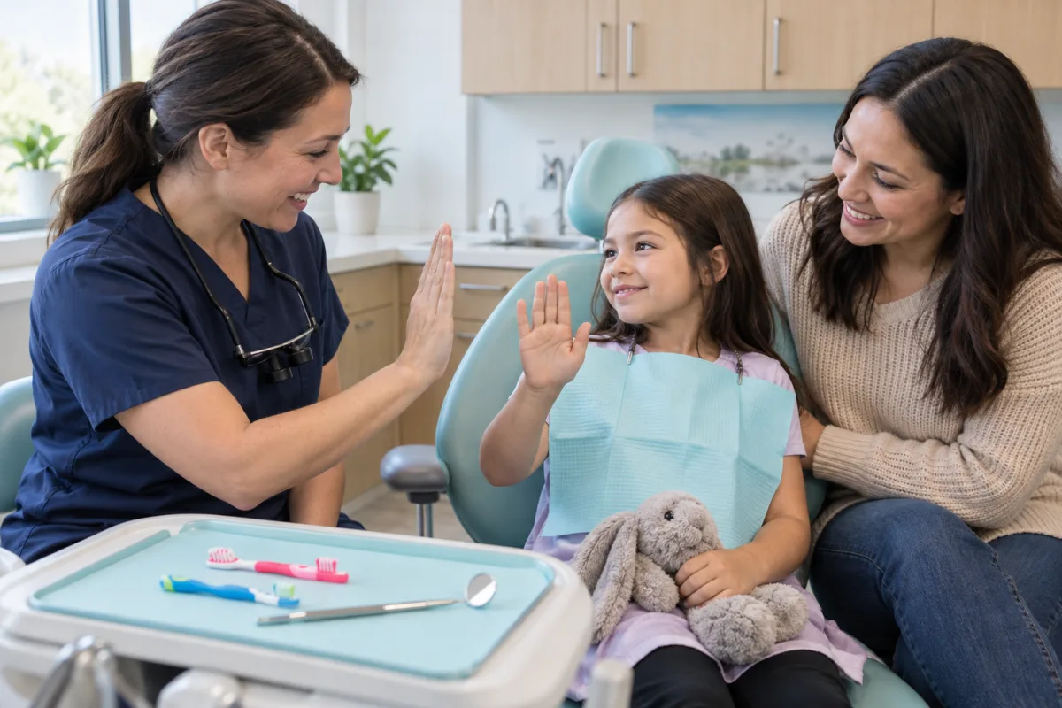 Dentist and child practising a raised-hand stop signal while a parent offers calm support