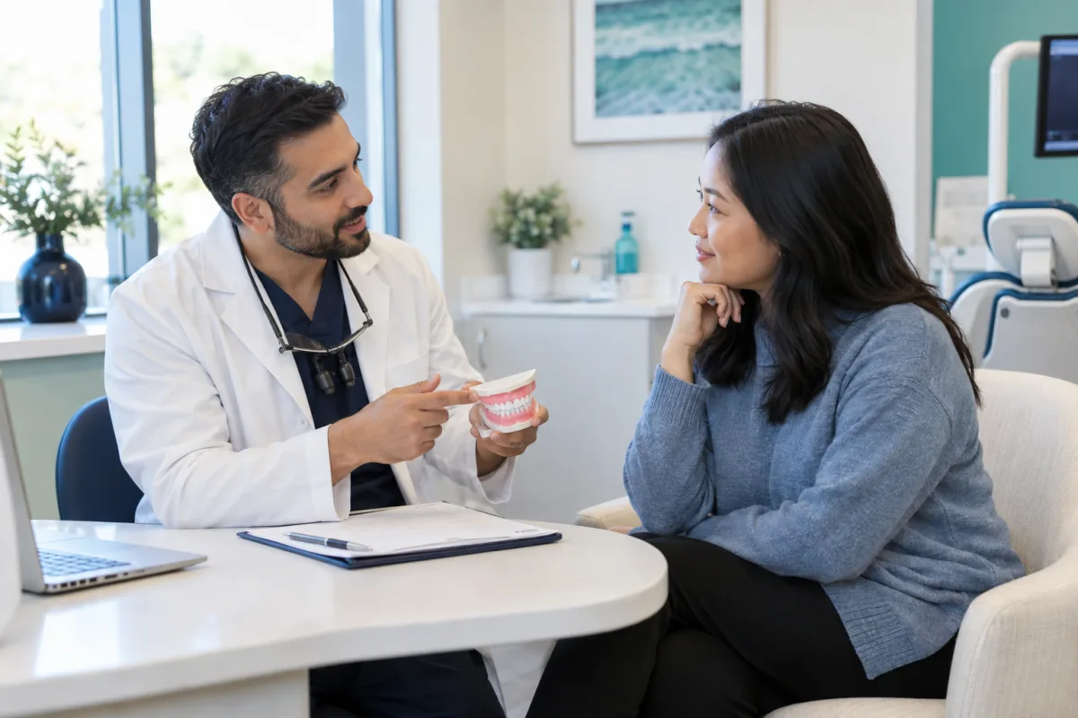 Dentist having a respectful private conversation with an adult patient about possible oral causes of bad breath