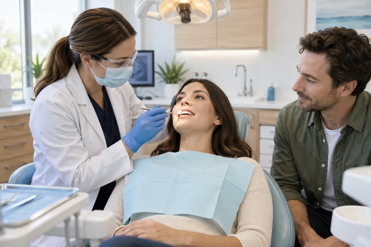 Dentist carefully assessing an adult patient’s chipped front tooth with a dental mirror