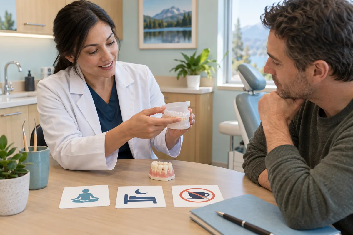 Dentist explaining a bruxism management plan with a night guard, tooth model and habit-awareness strategies