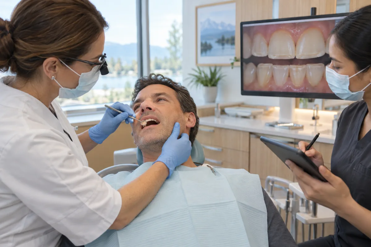 Dentist examining tooth wear and chewing-muscle tenderness during a bruxism assessment