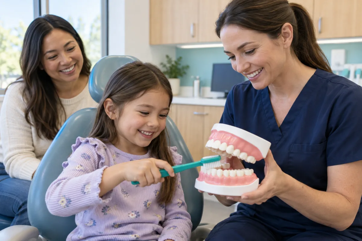 Child practising brushing on an oversized tooth model while a dentist demonstrates and a parent watches