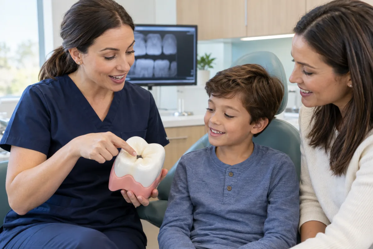 Dentist showing a child and parent a small cavity on an enlarged tooth model during a calm consultation