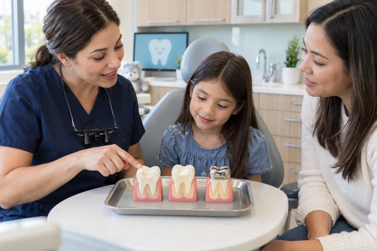 Dentist comparing preventive care, a tooth-coloured filling and a pediatric crown with a child and parent