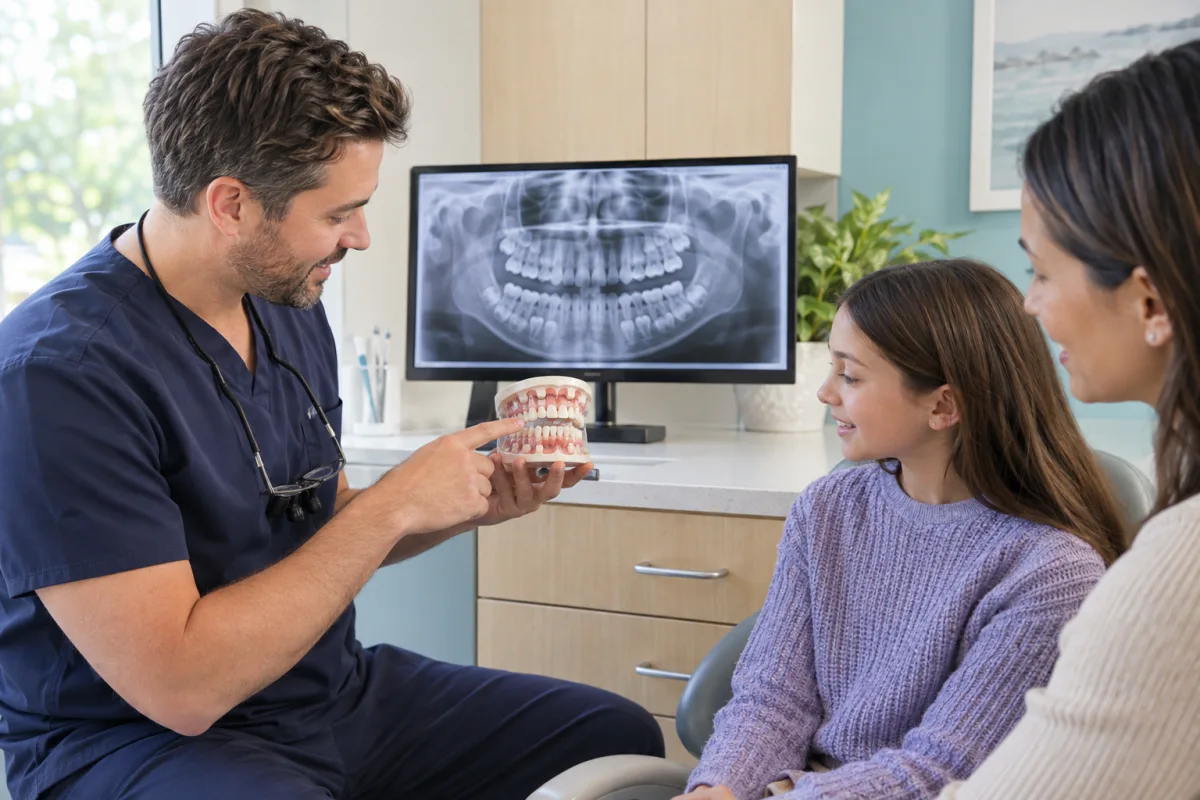 Dentist reviewing a mixed-dentition model and panoramic dental image with a child and parent