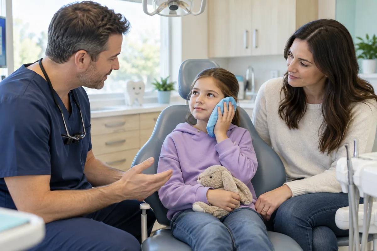Dentist calmly speaking with a child using a cold pack after a minor dental injury while a parent stays nearby