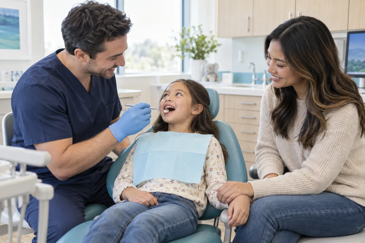 Dentist gently examining a relaxed child’s teeth while a parent provides reassurance nearby