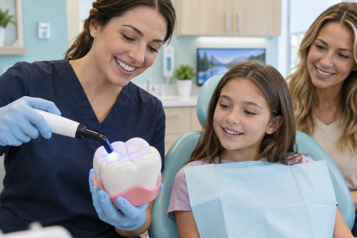 Dentist demonstrating a curing light on an oversized molar model while a child and parent watch