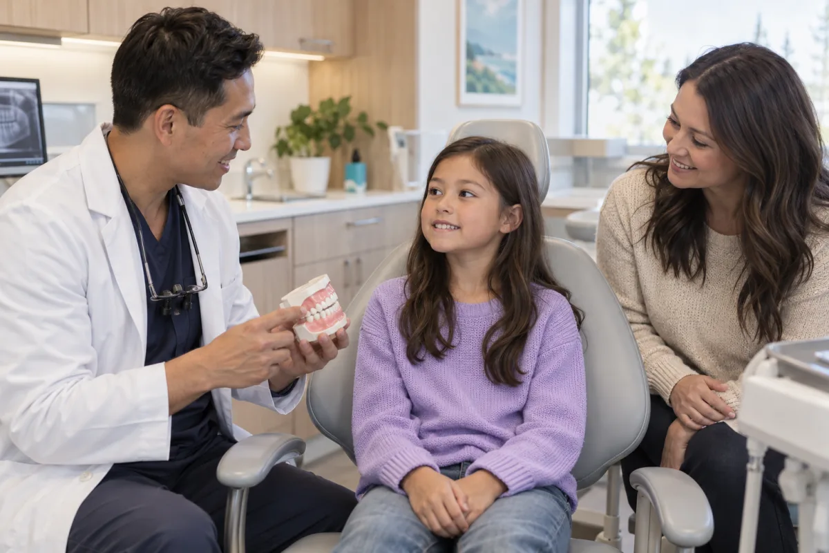 Dentist assessing a child’s developing bite while showing a dental model to the child and parent