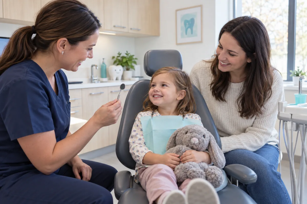 Young child meeting a dentist with a parent nearby during a relaxed first dental visit