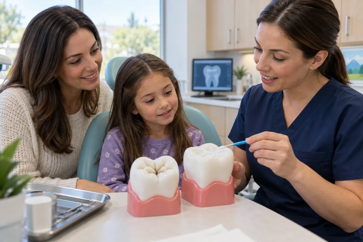 Dentist showing a child and parent how fluoride and sealants protect the grooves of a molar