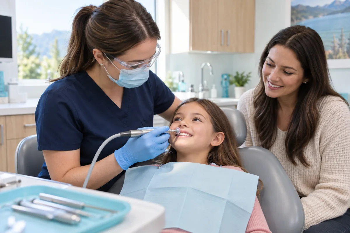 Dental hygienist gently polishing a relaxed child’s teeth while a parent sits nearby
