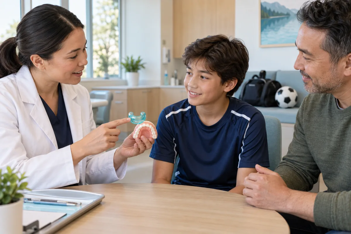 Dentist checking the fit and coverage of a young athlete’s custom mouthguard in a dental clinic