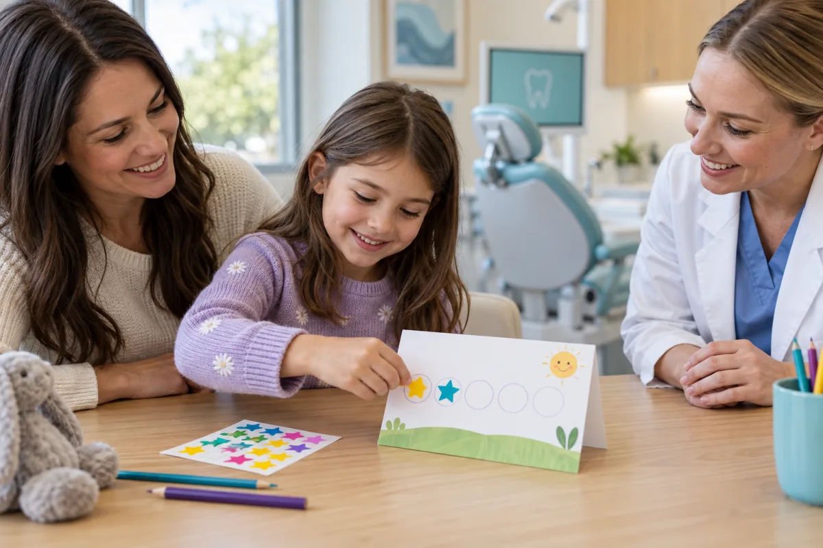 Child and parent creating a simple positive oral-habit plan with a dentist in a bright consultation room