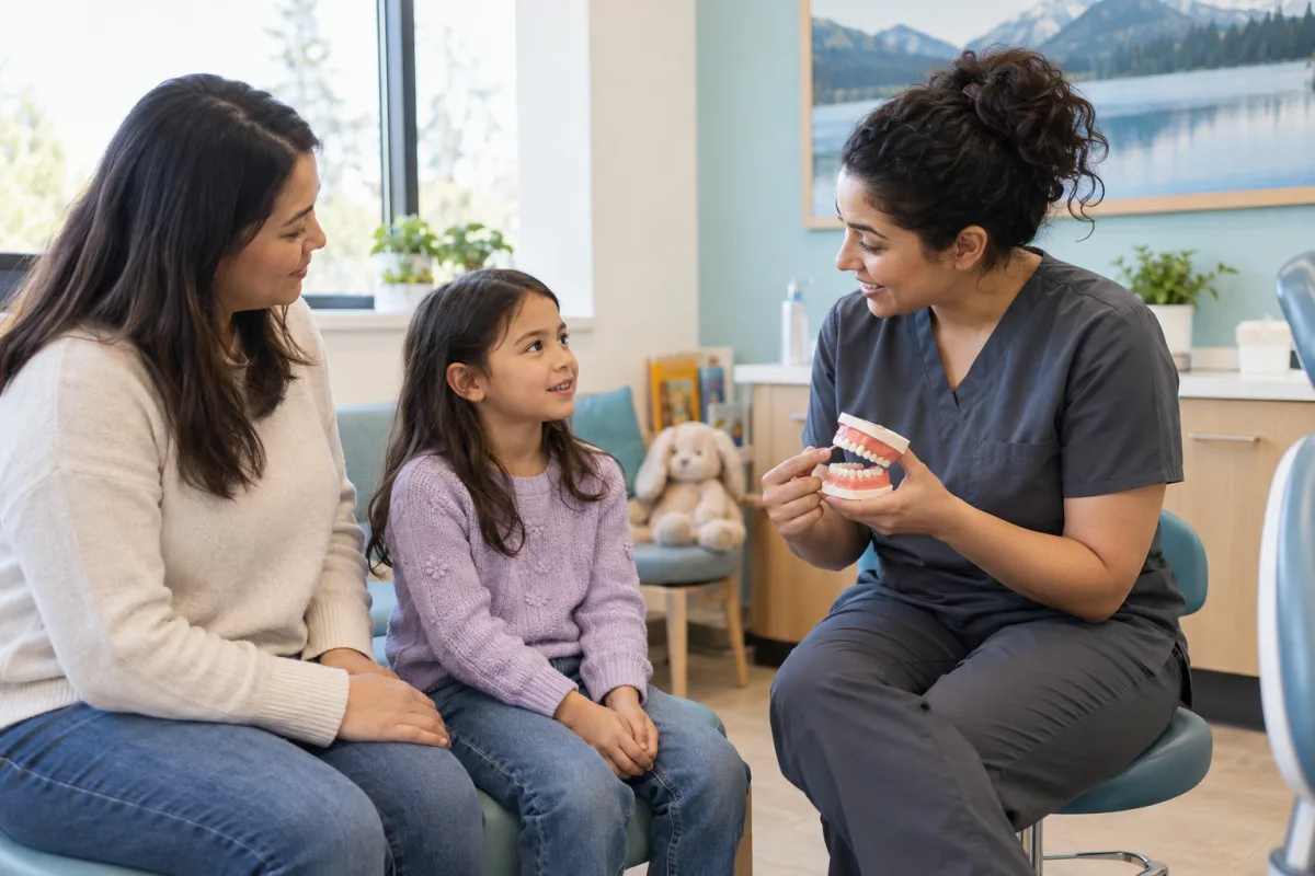 Dentist having a calm, supportive conversation with a child and parent about a thumb-sucking habit