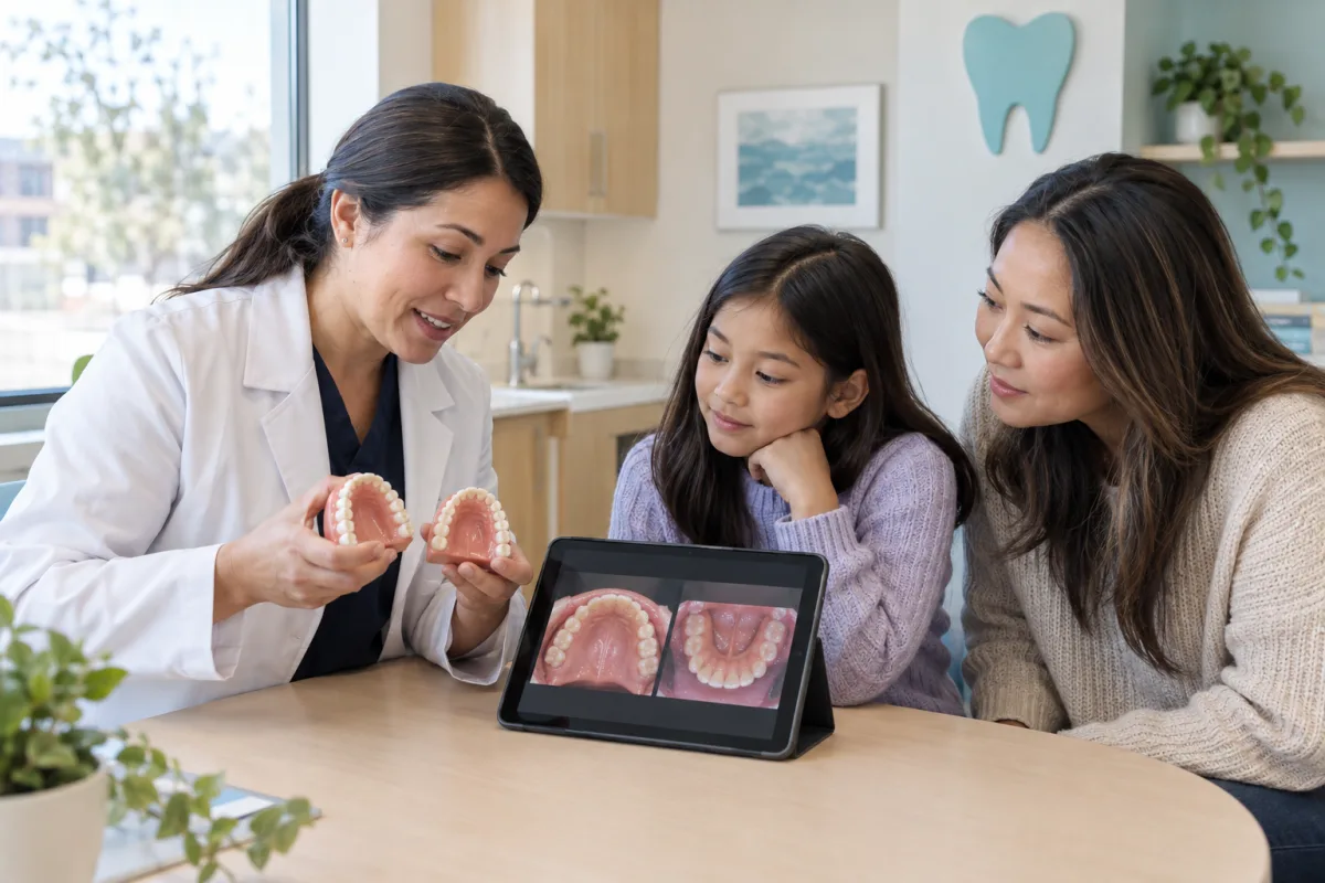 Dentist comparing a child’s bite photographs and dental models with the child and parent