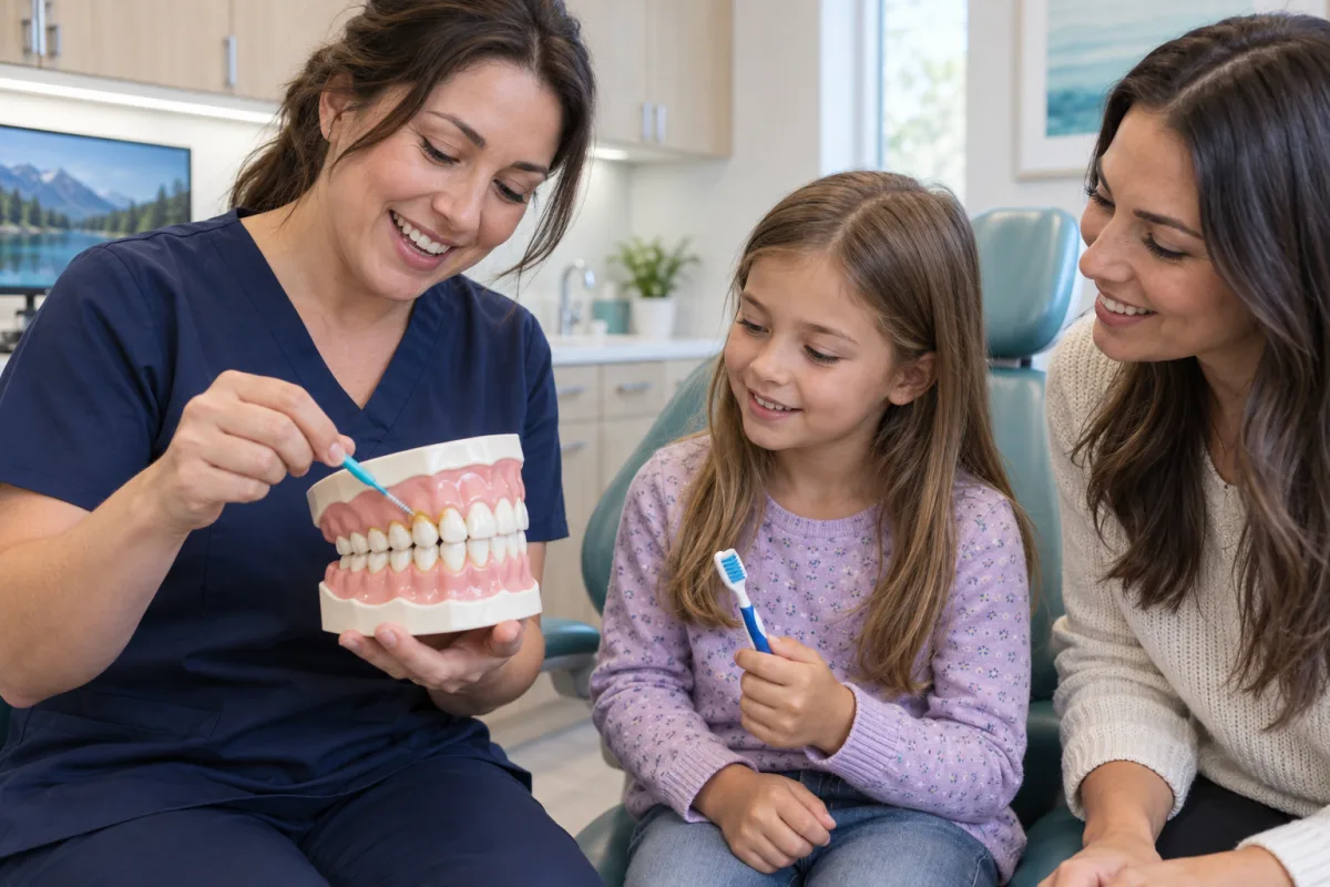 Dental hygienist teaching a child and parent how to clean plaque near the gumline on a tooth model