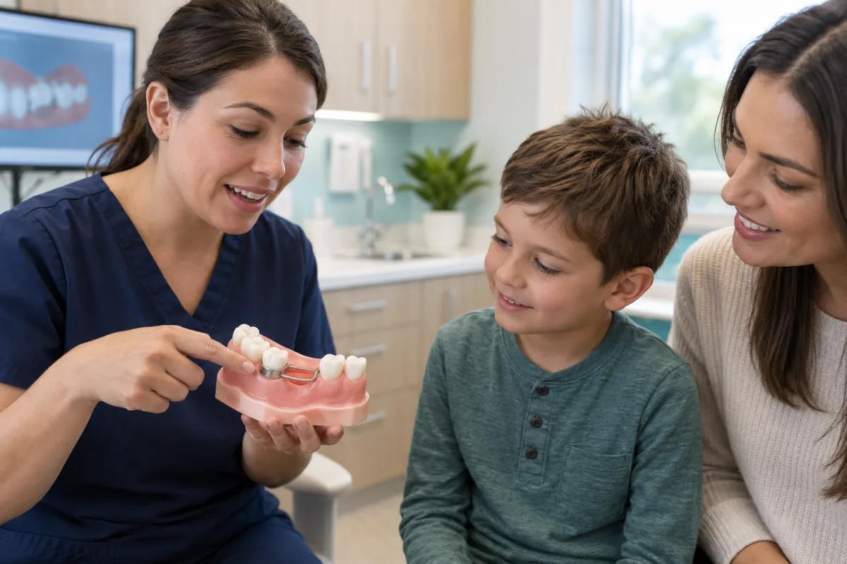 Dentist showing a child and parent a fixed band-and-loop space maintainer on a dental model