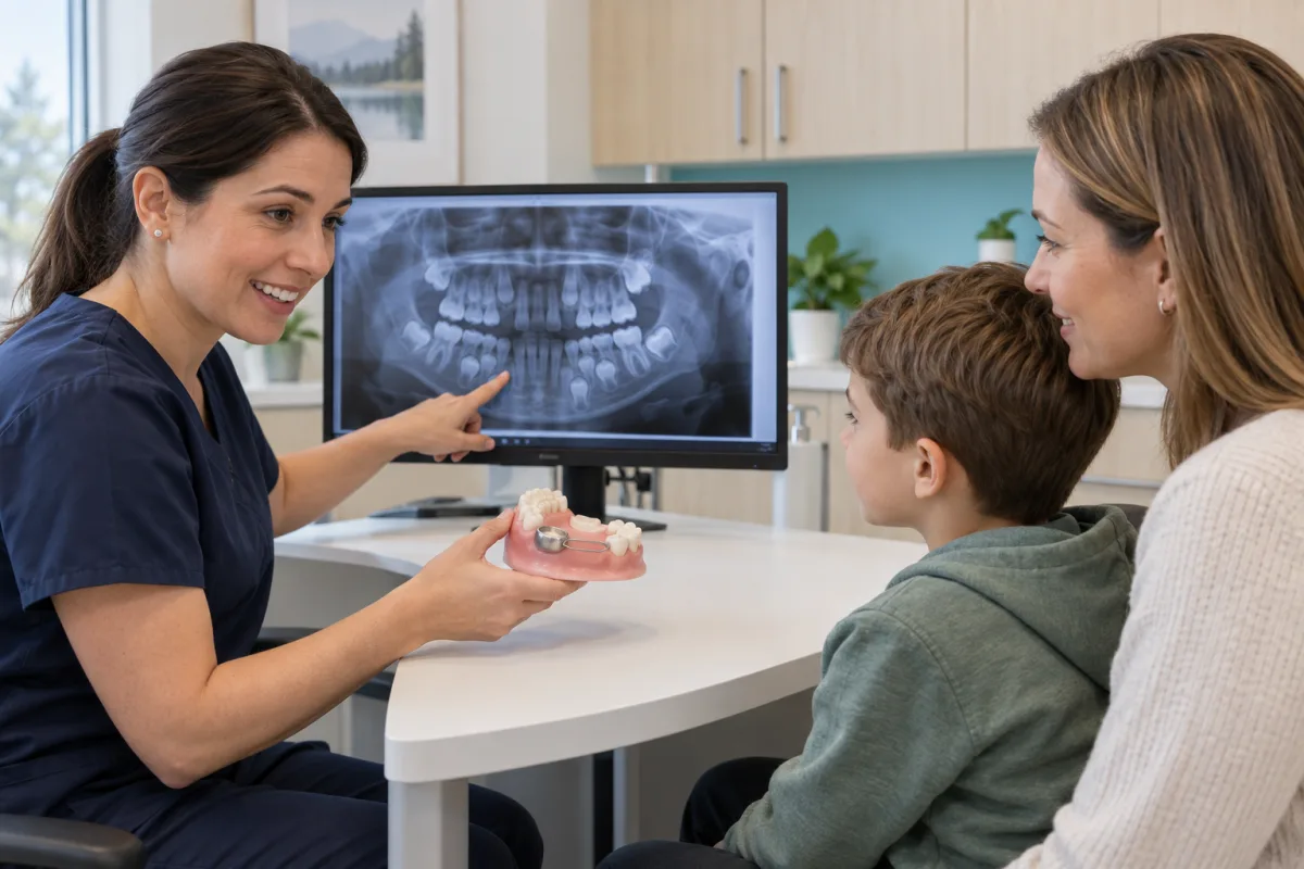 Dentist reviewing a developing permanent tooth and space maintainer model with a child and parent