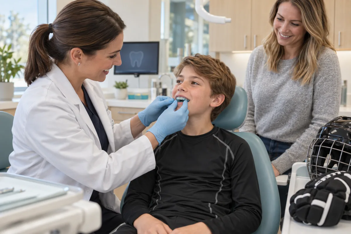 Dentist fitting a custom sports mouthguard for a young hockey player with a parent nearby