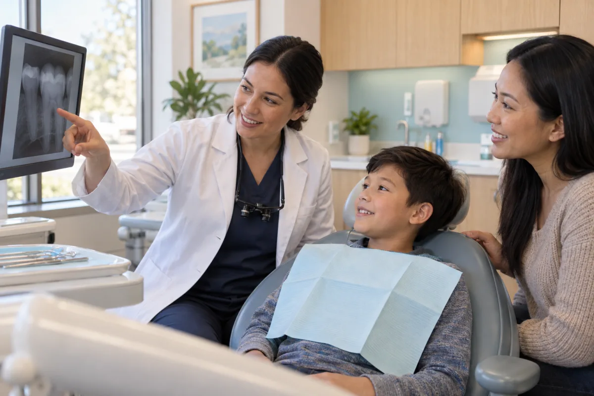Dentist reviewing a child’s tooth and digital X-ray with the child and parent before restorative treatment