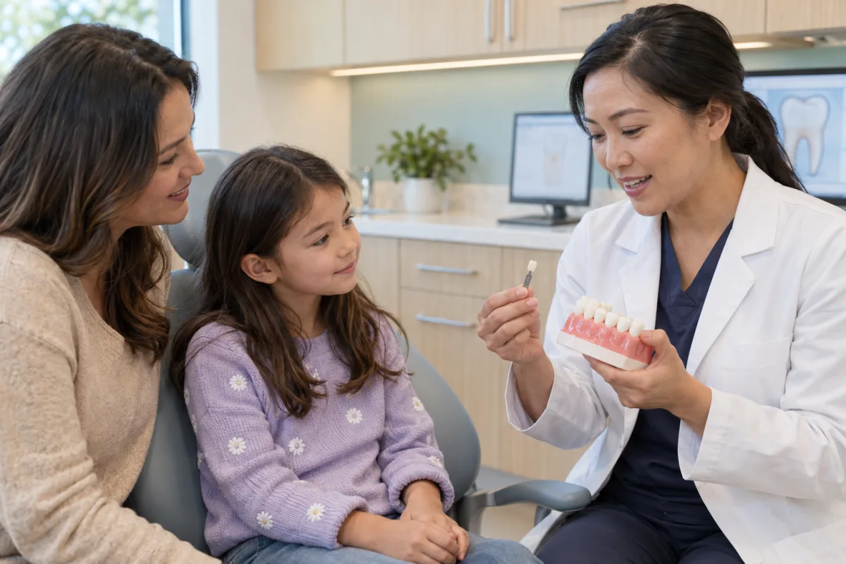 Dentist showing a child and parent tooth-coloured restorative materials beside a large tooth model