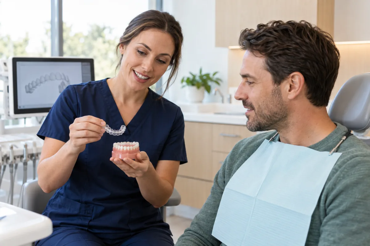 Dentist showing a custom clear aligner and dental model to an adult patient