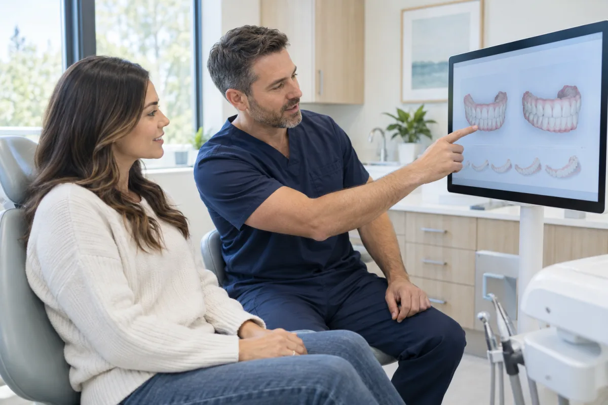 Dentist and adult patient reviewing a digital clear-aligner treatment plan