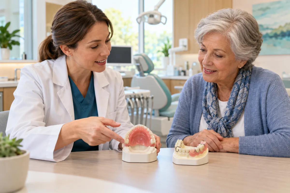 Dentist comparing a complete denture and removable partial denture with an adult patient