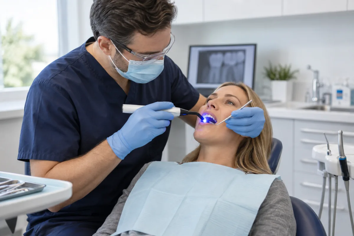 Dentist curing a tooth-coloured composite filling with an LED light